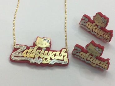 14K GP Character Onyx Name Plate Set (Necklace & Stud Earrings)